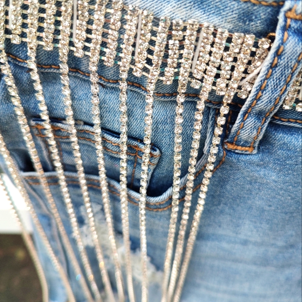 High waisted distressed rhinestone fringe jean shorts - Picture 6 of 16